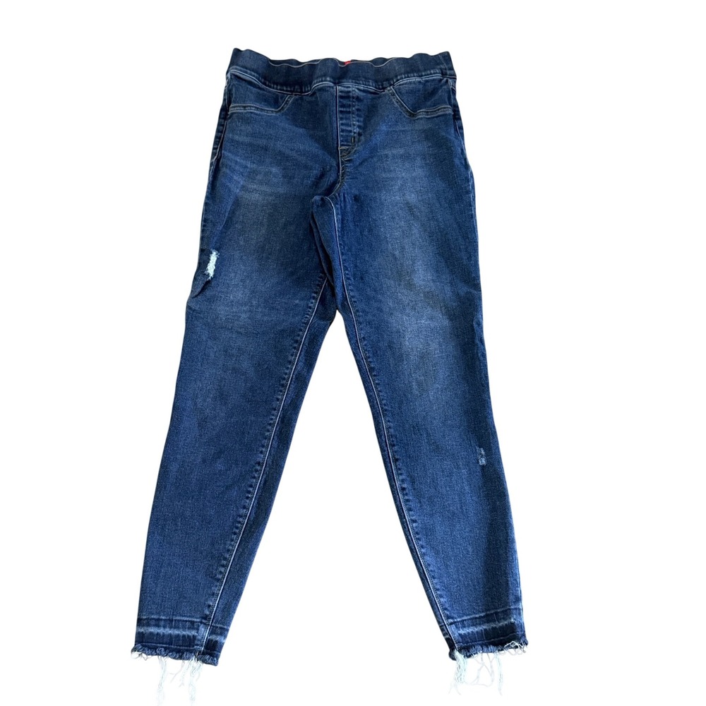Spanx Jean-ish Ankle Leggings Dark Wash Distressed Raw Hem Large